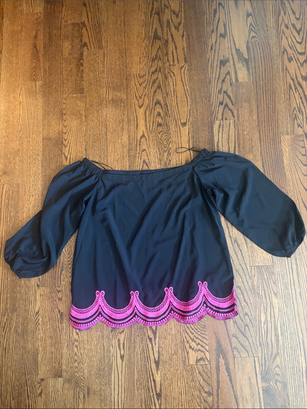 Black Off-Shoulder Blouse with Pink Scallop Trim